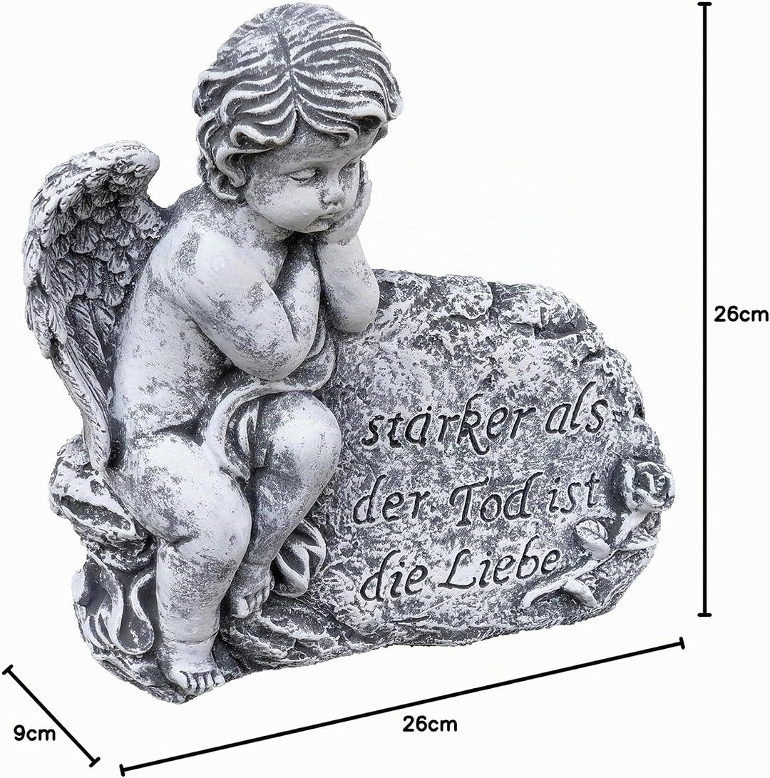 stoneandstyle Grabschmuck Steinfigur Engel am Fels mit Trauerspruch, massiver Steinguss, Frost- und