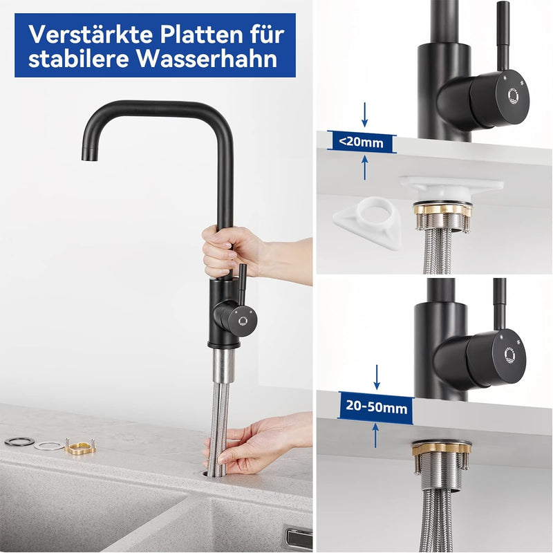 CECIPA Niederdruck Armatur Küche Schwarz, Wasserhahn Küche Schwarz mit 3 x G3/8 Anschlussschläuchen,