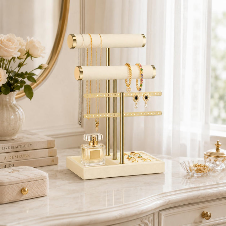 Schmuck Organizer mit 3 Ebenen - Beige Schmuckständer Armbänder, Abnehmbarer T-Steg Schmuck Ständer,