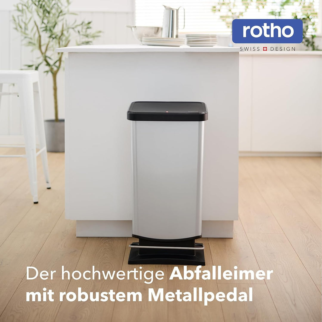 Rotho Paso Mülleimer mit Deckel 40l | Tretmülleimer in Edelstahloptik für Küche, Bad, Werkstatt | pf