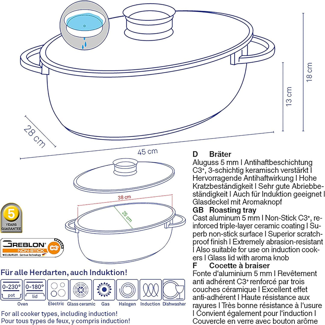 Kela 15153 Bräter, Glasdeckel mit Aromaknopf, Aluguss 5 mm, Antihaftbeschichtung, Induktionsgeeignet