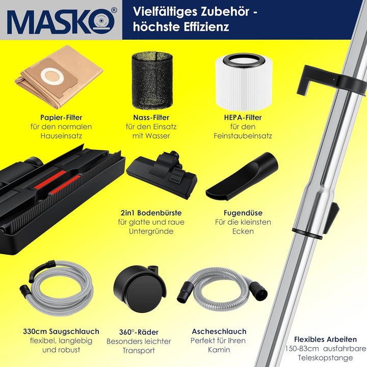 Masko® 6IN1 Industriestaubsauger Staubsauger Nass Trocken Sauger Aschesauger 2300W + Steckdose✓ Blas