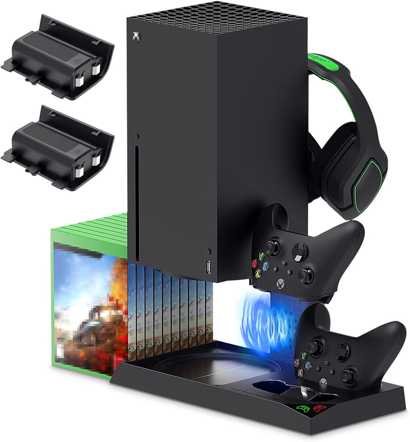 FYOUNG Ständer für Xbox Series X mit Lüfter Kühler und Controller Ladestation, Kühlständer und 1400m