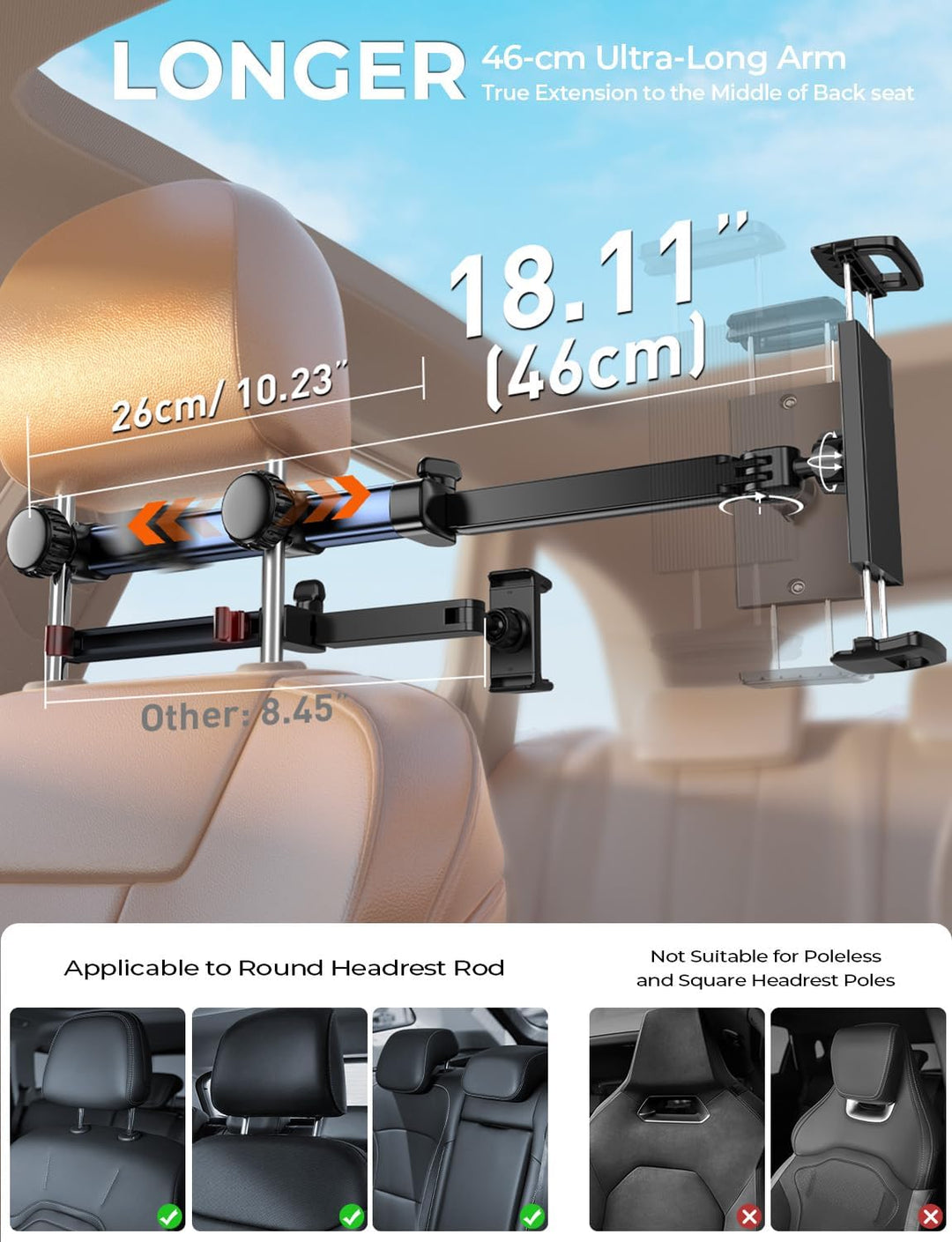 TRYONE Tablet Halterung Auto Kopfstütze - [46cm Langarm] [3 in 1 Ausziehbare] KFZ Tablethalterungen