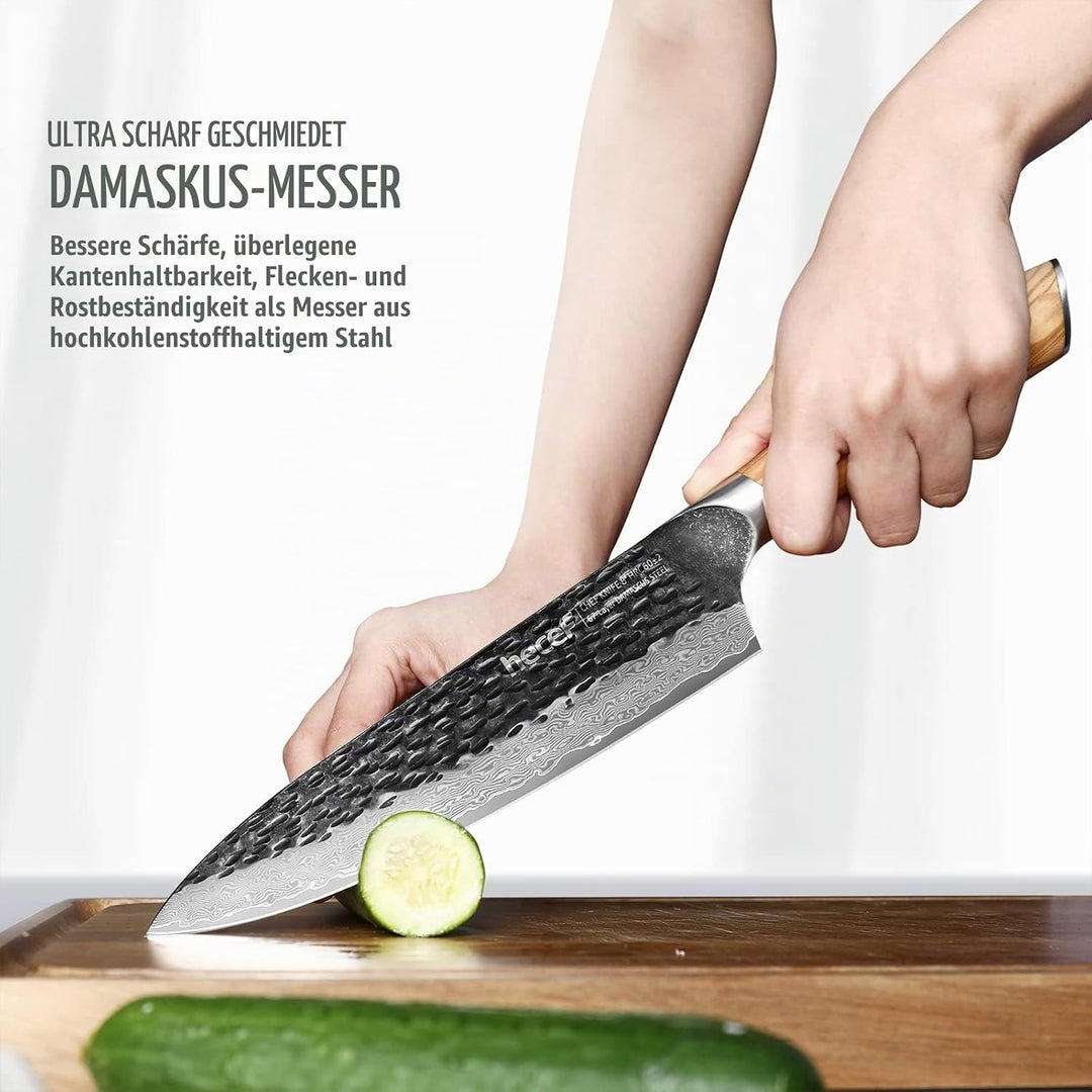 hecef Damastmesser Kochmesser 20CM, Profi Küchenmesser Chefmesser, Ultrascharfer Japanisches Messer,