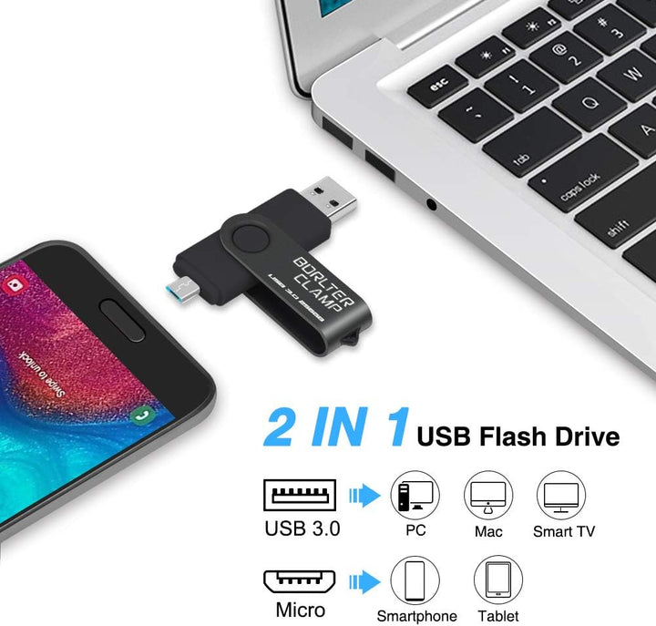 BORLTER CLAMP 256GB USB-Stick 2 in 1 Dual Port USB 3.0 Speicherstick OTG Flash-Laufwerk für Micro-US
