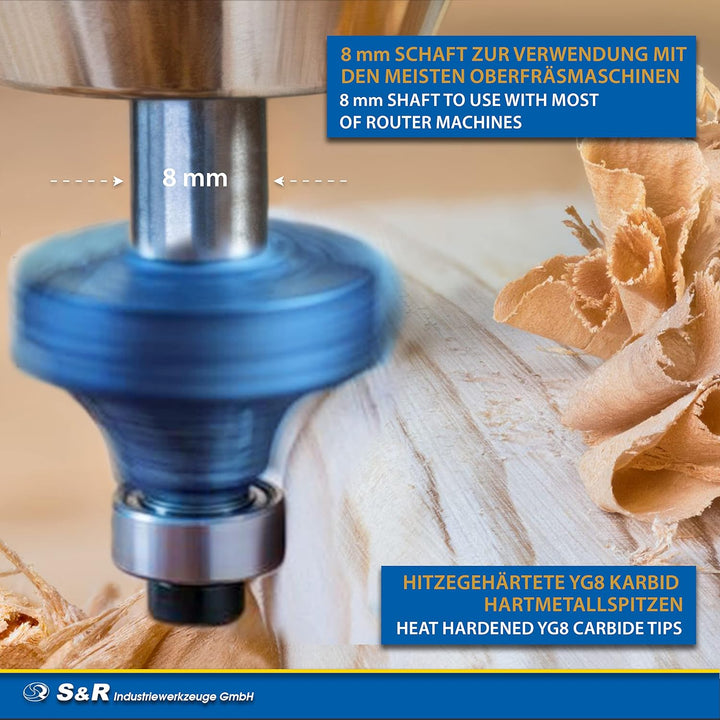 S&R Holzfräser-Set HM 15-tgl., Holzfräs-Bits für 8mm Schaft, Holzkoffer, geschmiedeter Werkzeugstahl