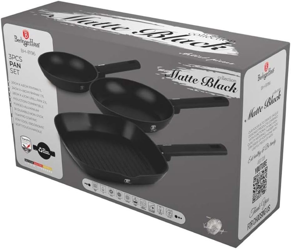 Berlinger Haus Pfannenset 3-tlg. | TitanPro Antihaftbeschichtung Matte Black Collection | energiespa