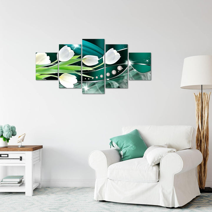 Runa Art Wandbilder Blumen Tulpen 5 Teilig Bild auf Vlies Leinwand Deko Wohnzimmer Diamant Grün Grau