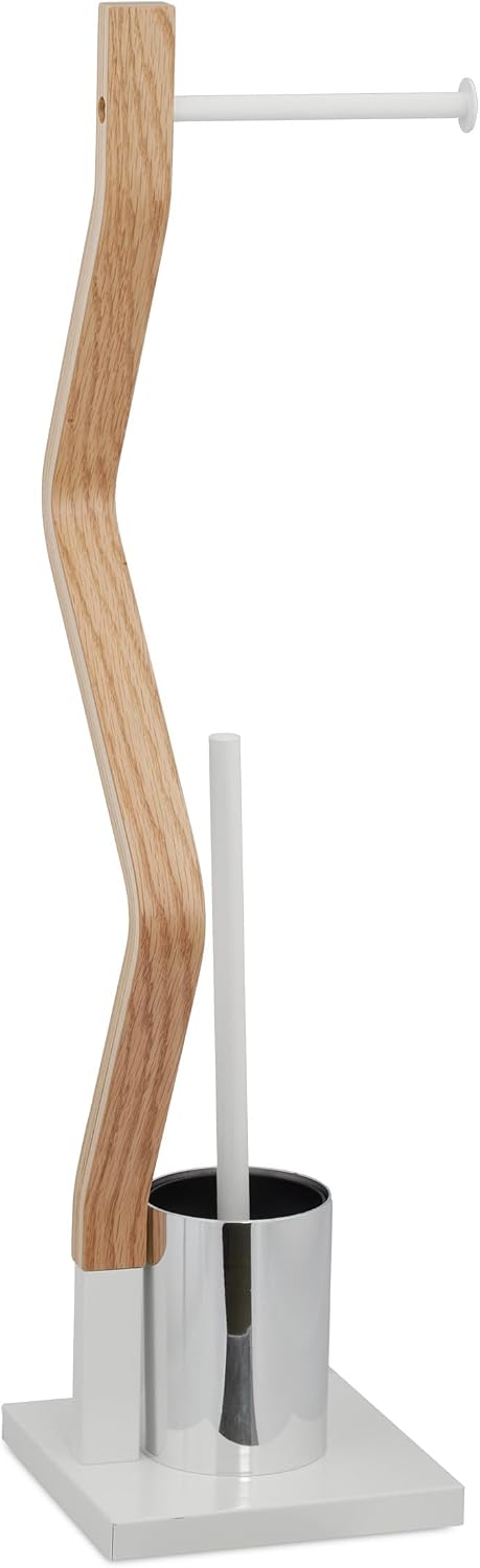Relaxdays WC Garnitur stehend, Holz und Stahl, Toilettenpapierhalter mit Bürste, HBT 75 x 18,5 x 18,