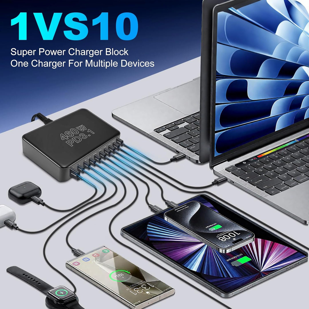 460W USB C Ladegerät Mehrfach, 10-Port Laptop Schnellladegerät Ladestation PD 3.1 100W/45W/35W/20W (