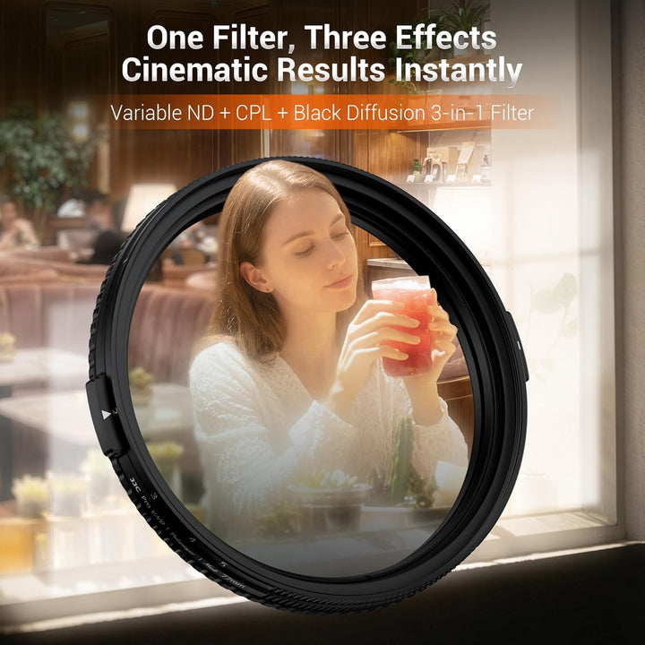 49mm 3in1 Black Mist 1/4 Filter&ND&CPL Filter,Variabler ND2-32 (Blende 1-5) Polarisationsfilter,Nitt