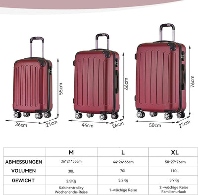 BEIBYE Hartschalen-Koffer Trolley Rollkoffer Reisekoffer Handgepäck 4 Rollen (M-L-XL-Set) (Weinrot,
