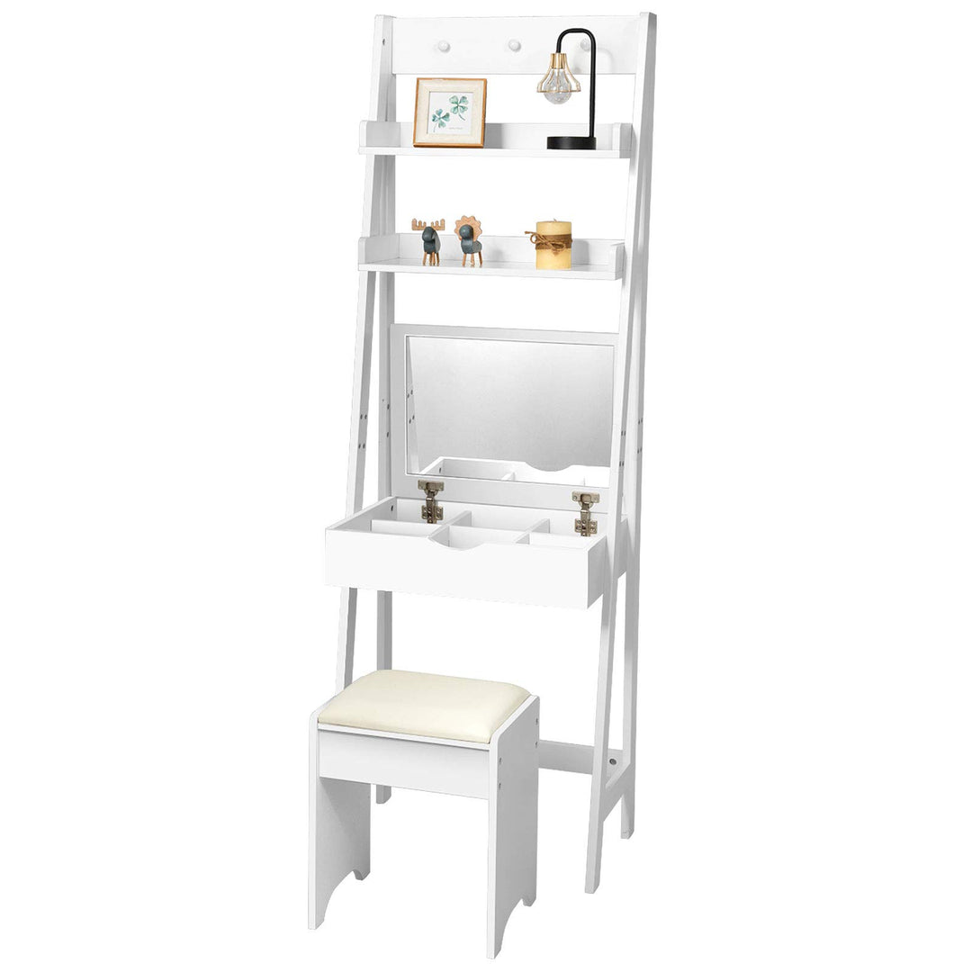 DREAMADE Schminktisch, Kosmetiktisch mit Klappspiegel & Leiterregal, Make-up Tisch aus Holz, Frisier
