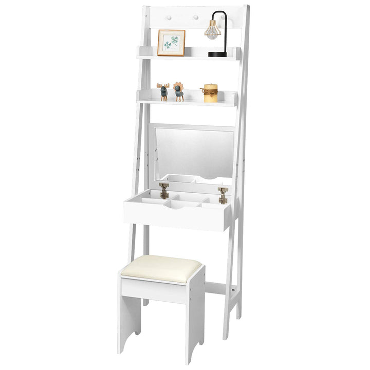 DREAMADE Schminktisch, Kosmetiktisch mit Klappspiegel & Leiterregal, Make-up Tisch aus Holz, Frisier