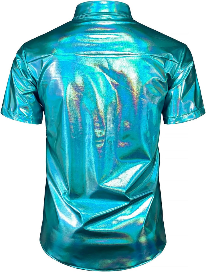 JOGAL Herren Metallic Glänzend Bronzing Nachtklub Party Hemd Blau Schimmern XXL, Blau Schimmern XXL
