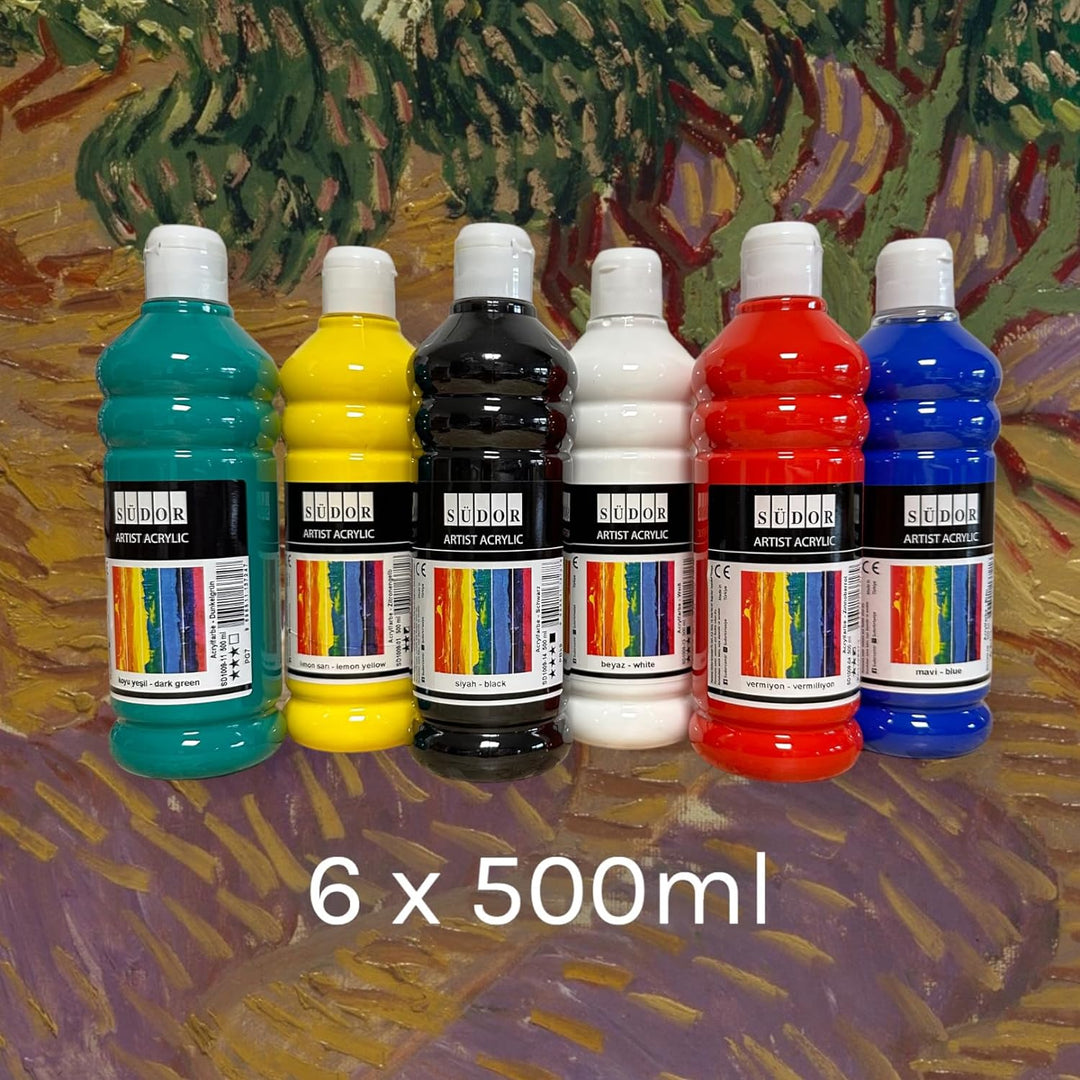 ACRYLFARBEN-SET 6 Farben je 500ml. Hochwertige und deckende Malfarben für Holz, Stein, Leinwand, Mal
