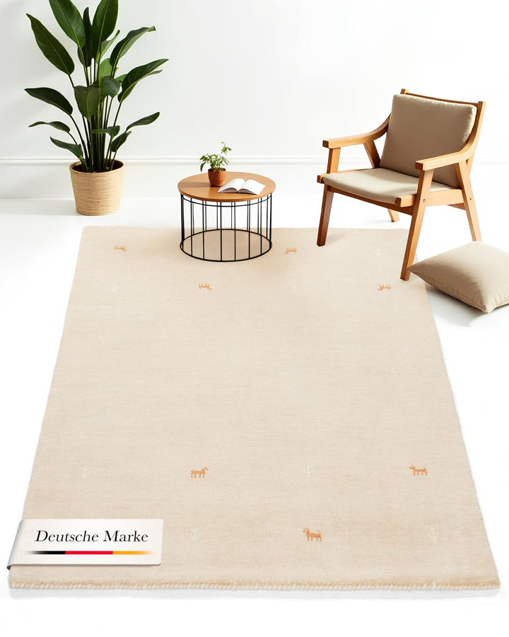 carpetfine Wollteppich Gabbeh Uni Beige 60x90 cm | Moderner Teppich für Wohn- und Schlafzimmer 60x90