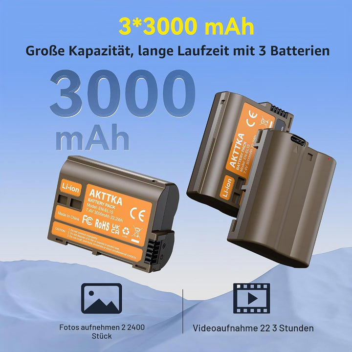 EN-EL15C Akkus 3000mAh (3er-Pack) mit direkter USB-C-Aufladung – Kompatibel mit Nikon EN-EL15/EL15C,