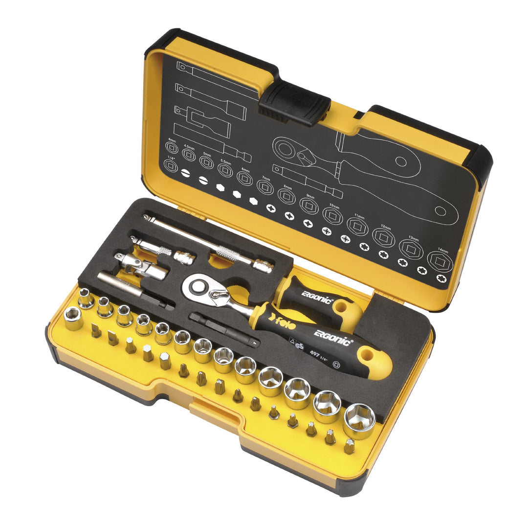 Felo Werkzeugsatz R-GO XL 1/4' mit ERGONIC Ratsche, Bits, Steckschlüsseleinsätzen, und Zubehör 36-tl