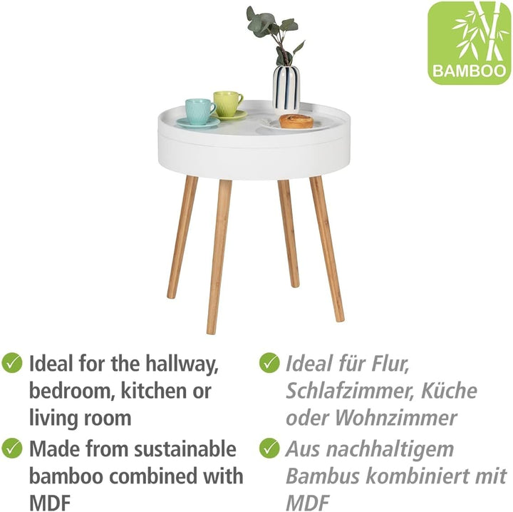 WENKO Beistelltisch Finja, moderner runder Couchtisch mit Tablett & Staufach, Scandi Chic Nachttisch