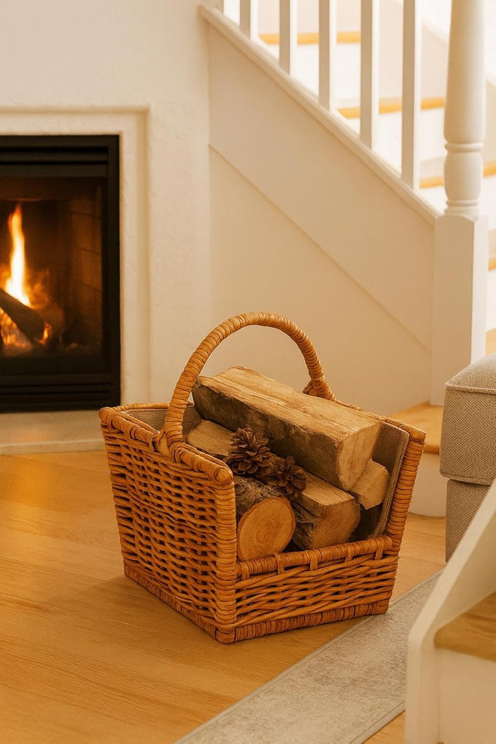 Kobolo Holztrage Holzkorb für Kaminholz - Rattan Lacak mit abnehmbarem Leinenstoff