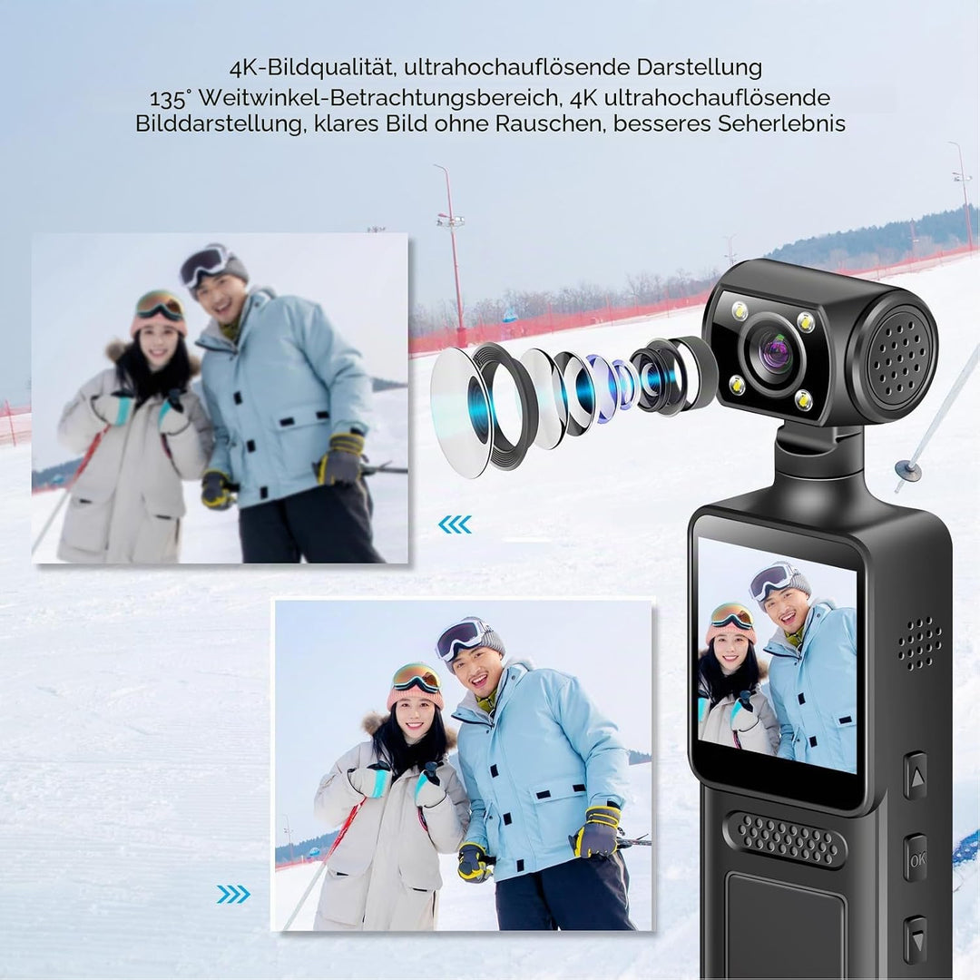XUMIUZIY Handheld Action Kamera, 4K HD WiFi Sportkamera mit 180° Drehbarem Objektiv, 1,3 Zoll HD Bil
