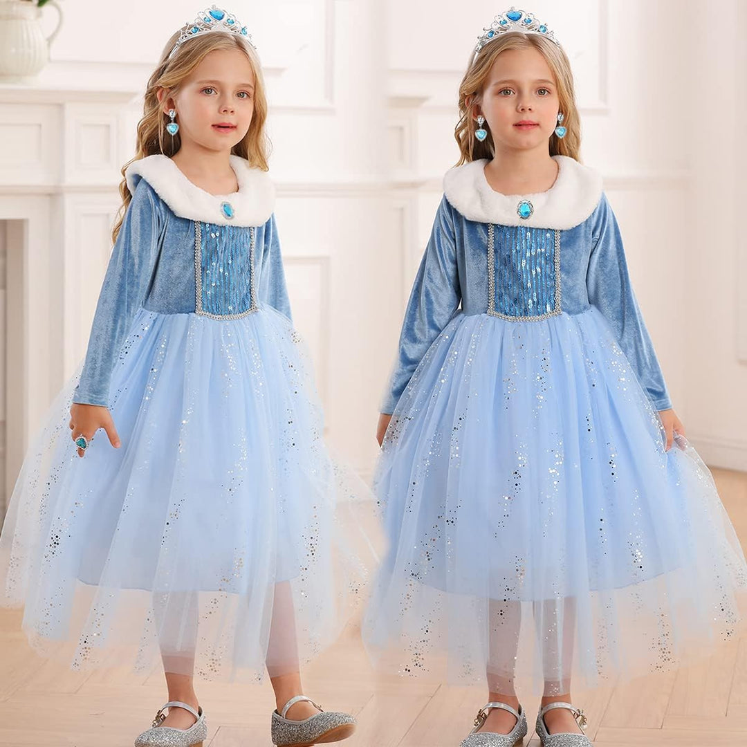 Snyemio Elsa Kostüm Mädchen Prinzessin Eiskönigin Kinder Kleid Eisprinzessin Verkleidung Langarm für