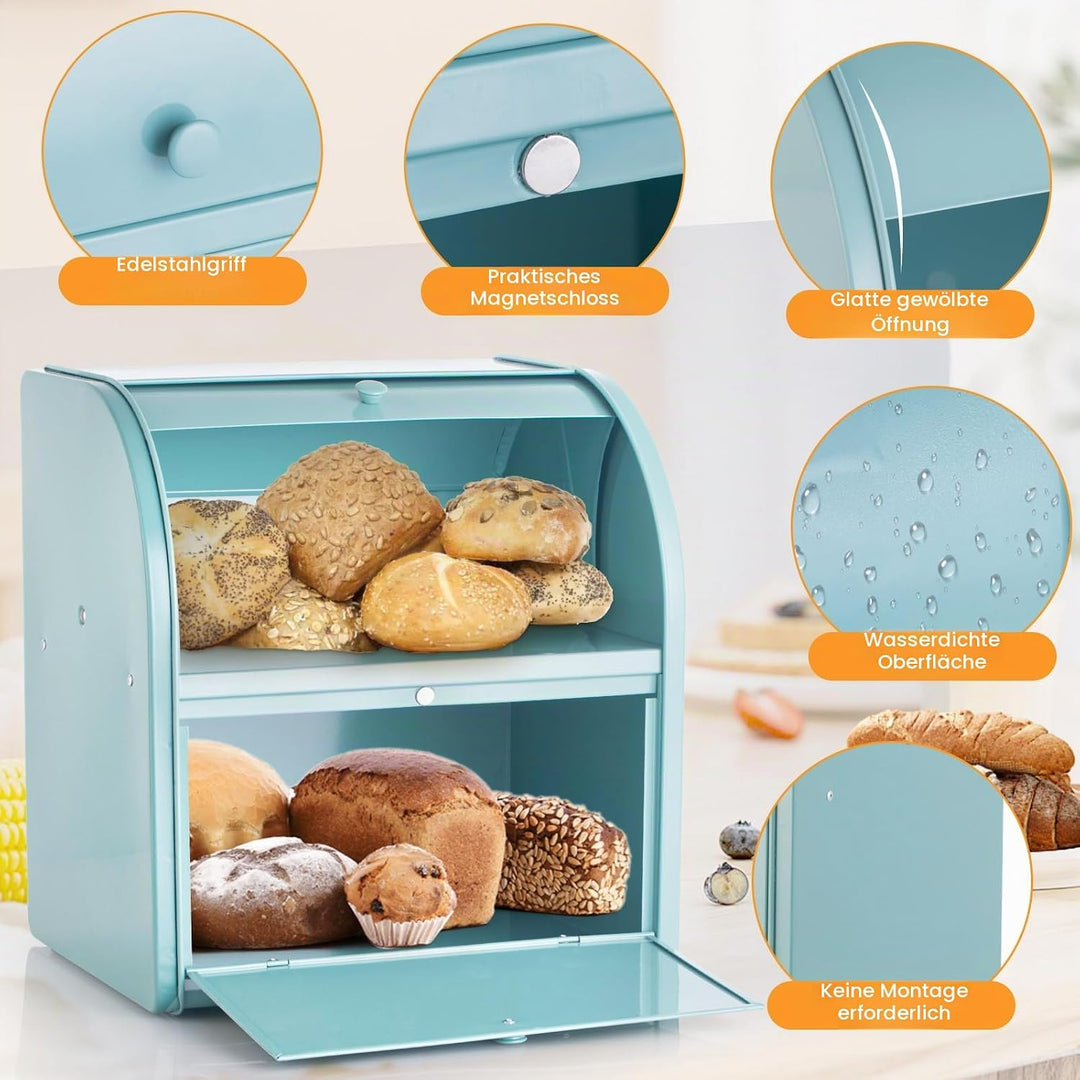 Brotbox aus Metall für Küchenarbeitsplatte, Doppelschicht, Roll-Top-Brotaufbewahrungsbehälter, Leben