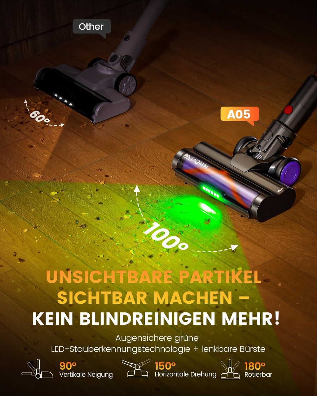AlloyMove Akku Staubsauger, 50000Pa/550W/80Mins Staubsauger Kabellos mit LED Display und Anti Tangle