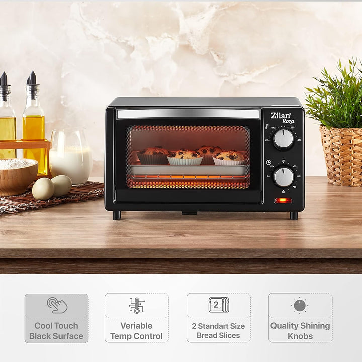 Zilan Elektro-Backofen, 9 l, Doppel-Sicherheitsglas, Timer, 2-teilig, Quarzwiderstand, Krümelplatte,