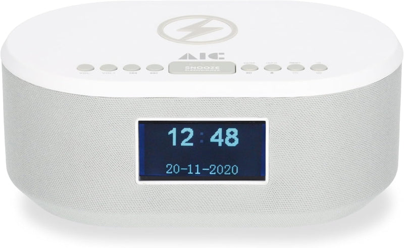 AIC Radiowecker DAB mit Ladefunktion Bluetooth QI Funktion USB Dual Alarm 18DAB Weiss