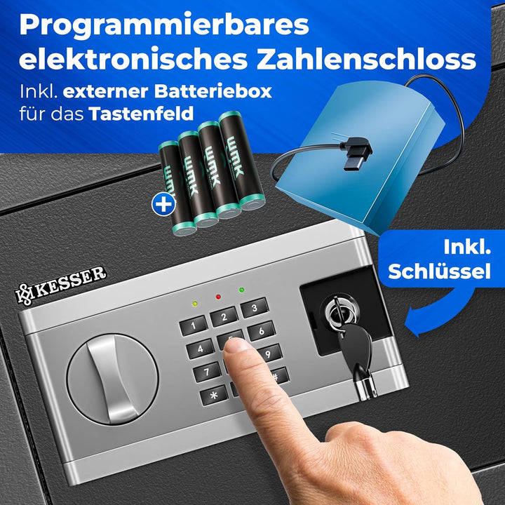 KESSER® Elektronischer Tresor | 35x25x25cm | Inkl. Batteriebox | Elektronischer Safe | 3x Doppelbolz