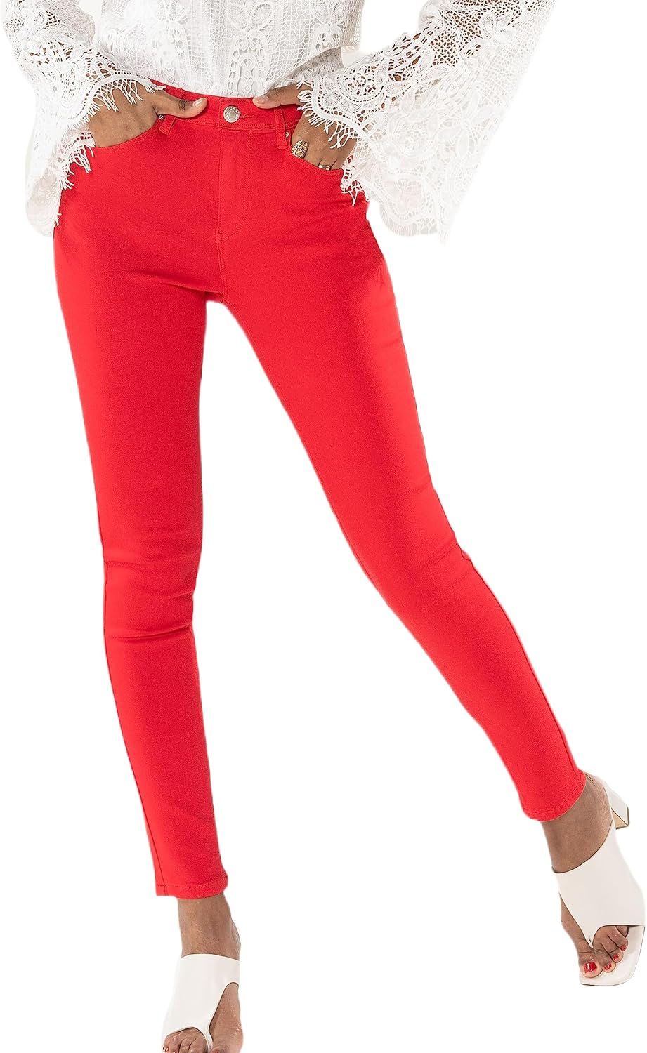 Nina Carter P106 Damen Jeanshosen Slim Fit Push-Up Skinny Jeans Mid-High Waist XS Slim Rot (P106-13)