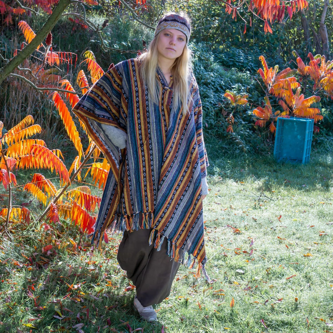 GURU SHOP Poncho Hippie Chic, Ethno Poncho, Andenponcho, Herren/Damen, Blau, Baumwolle, Size:One Siz