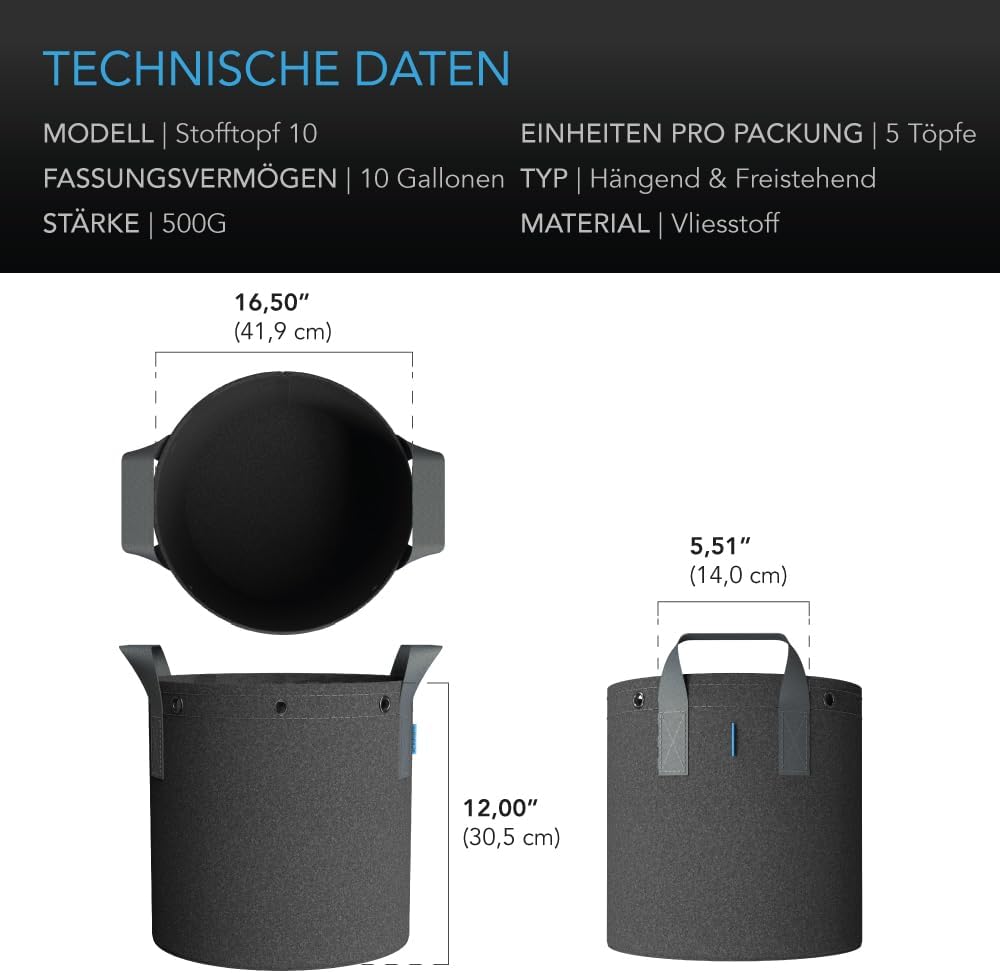 AC Infinity Stofftöpfe 37,9 Liter – 5er-Pack hochbelastbar 10 Gallon, 10 Gallon