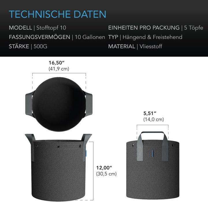 AC Infinity Stofftöpfe 37,9 Liter – 5er-Pack hochbelastbar 10 Gallon, 10 Gallon