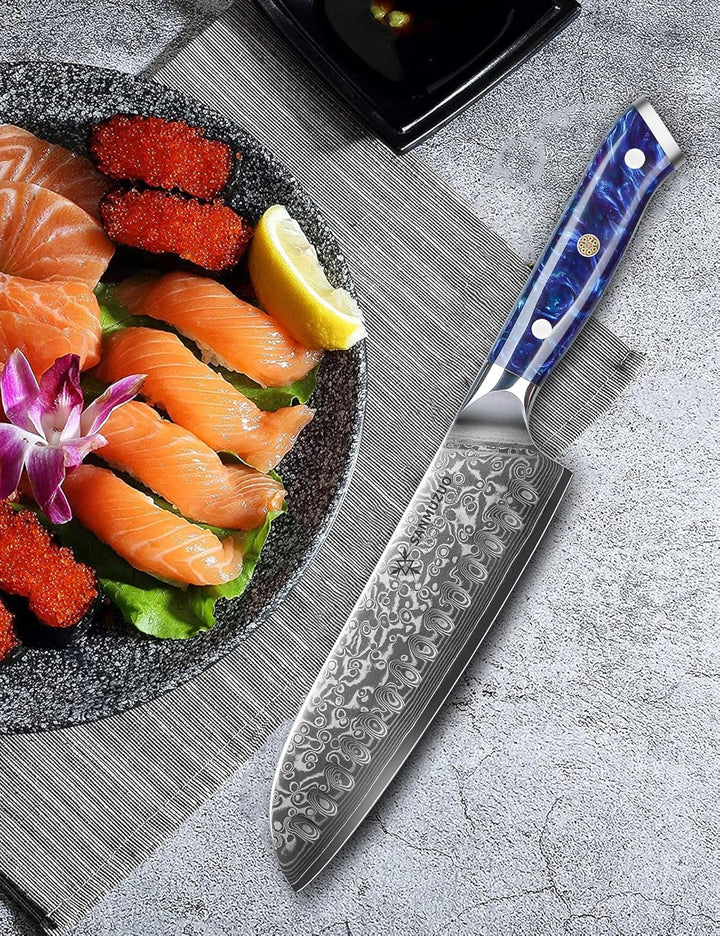 Damastmesser 18 cm Santokumesser - Japanisches Kochmesser - VG 10 Damaskus Stahl Küchenmesser mit Ha