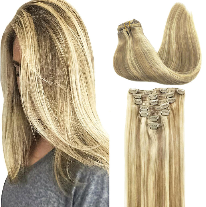 GOO GOO Clip in Extensions Echthaar, Echthaar Extensions Clip, 35cm 120g 7pcs, Extensions Echthaar,