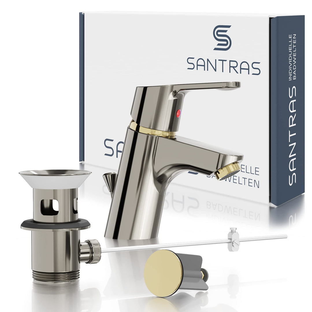 SANTRAS® Waschtischarmatur für das Bad mit Exzenter Ablaufgarnitur und Zugstange in Aranja/Edelmessi