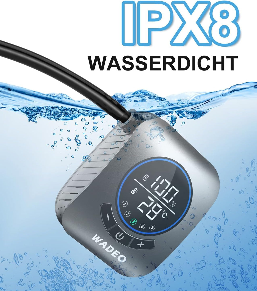 WADEO Tragbare Dusche mit Pumpe, 8000mAh wiederaufladbare Campingdusche mit LED-Anzeige, Schnellkupp