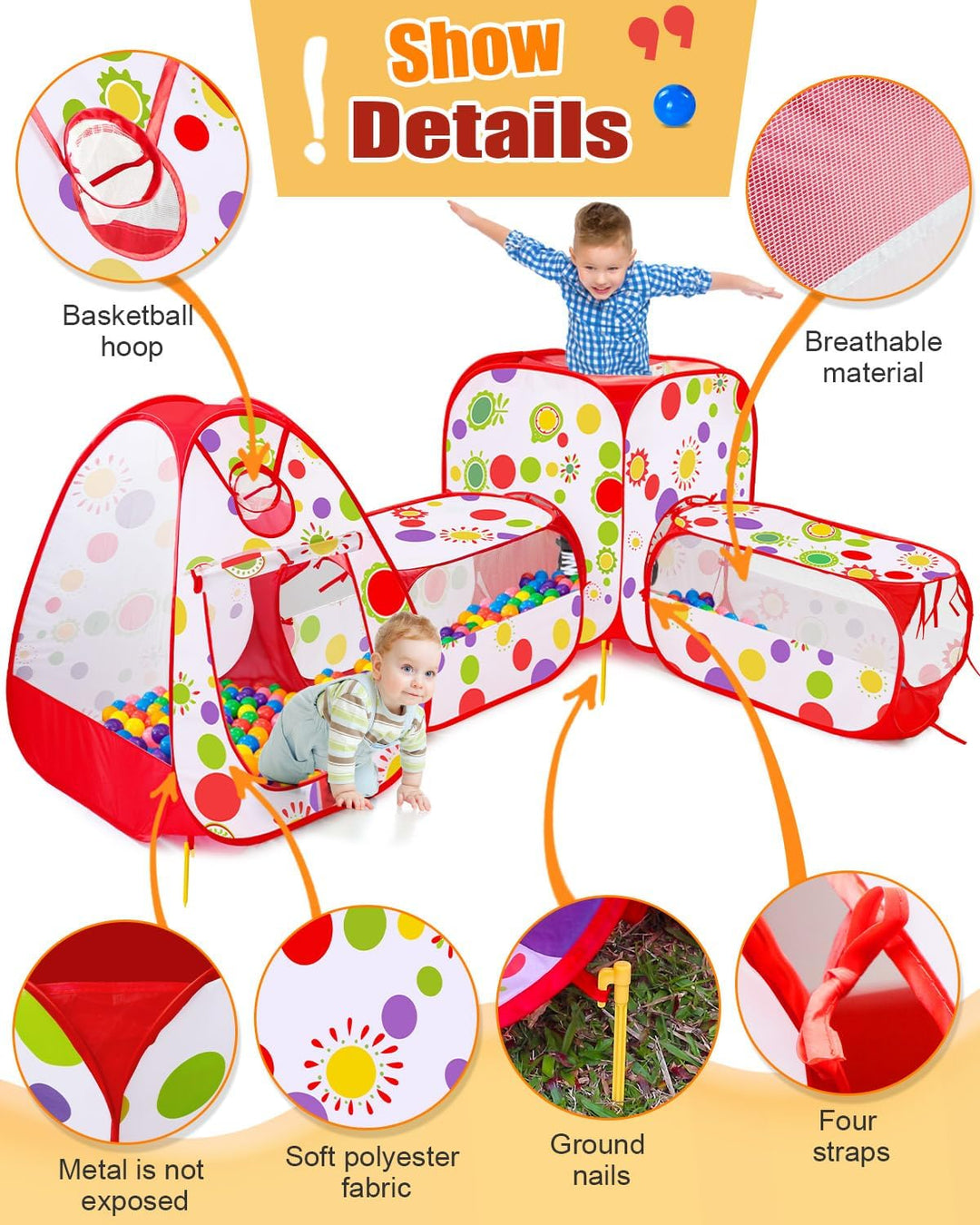 MAIKEHIGH 4 in 1 Kinder Spielzelt mit Tunnel, Pop Up Kinderzelt krabbeltunnel Baby Bällebad Zelt Fal
