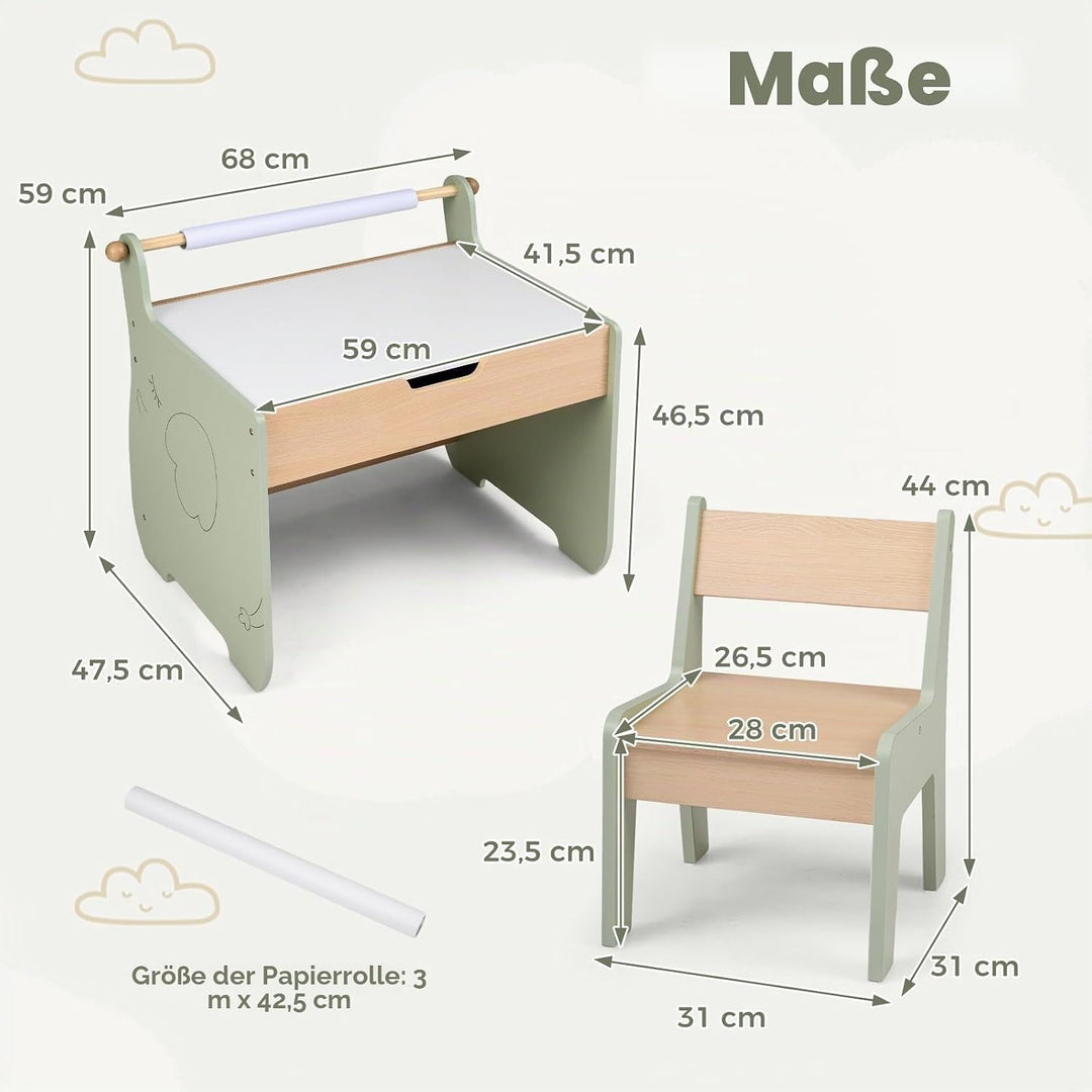 FANTASK 4 in 1 Holz Kindertisch mit Stuhl, wendbare &amp; abnehmbare Tischplatte, Maltisch mit Stauraum