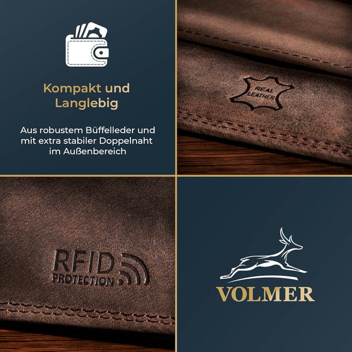 Fa.Volmer ® Leder Geldbörse Herren mit RFID-Schutz - extra-stabile Doppelnaht - 6 Fächer für Kreditk