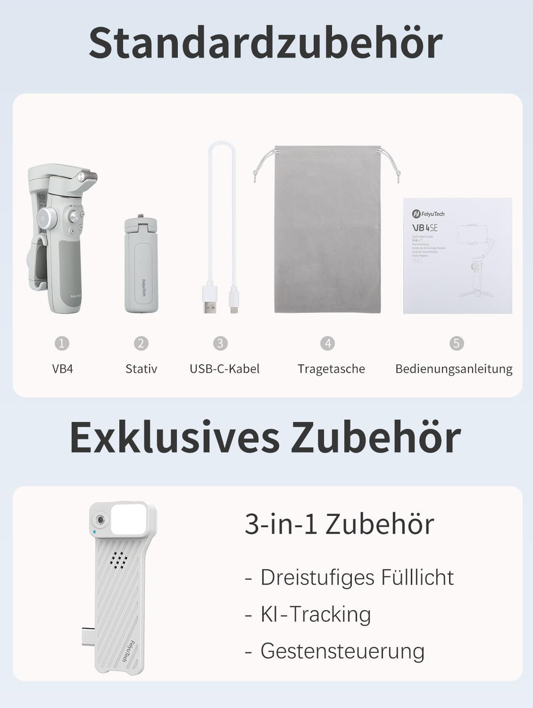 FeiyuTech VB4 Kit Smartphone Gimbal Stabilisator mit KI-Tracking & Fülllicht, Integriertem 21,6 cm A