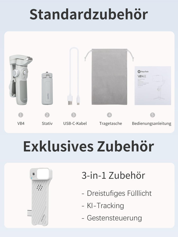 FeiyuTech VB4 Kit Smartphone Gimbal Stabilisator mit KI-Tracking & Fülllicht, Integriertem 21,6 cm A