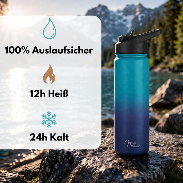Milu Edelstahl Trinkflasche 500ml, 750ml, 1000ml (+3 Deckel) - Thermosflasche mit Strohhalm, Isolier