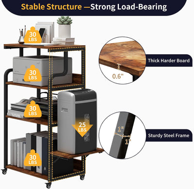 DAWNYIELD 4-stöckiger Druckerständer mit Rädern Fax-Aktenvernichter Computerablage Regal Höhenverste