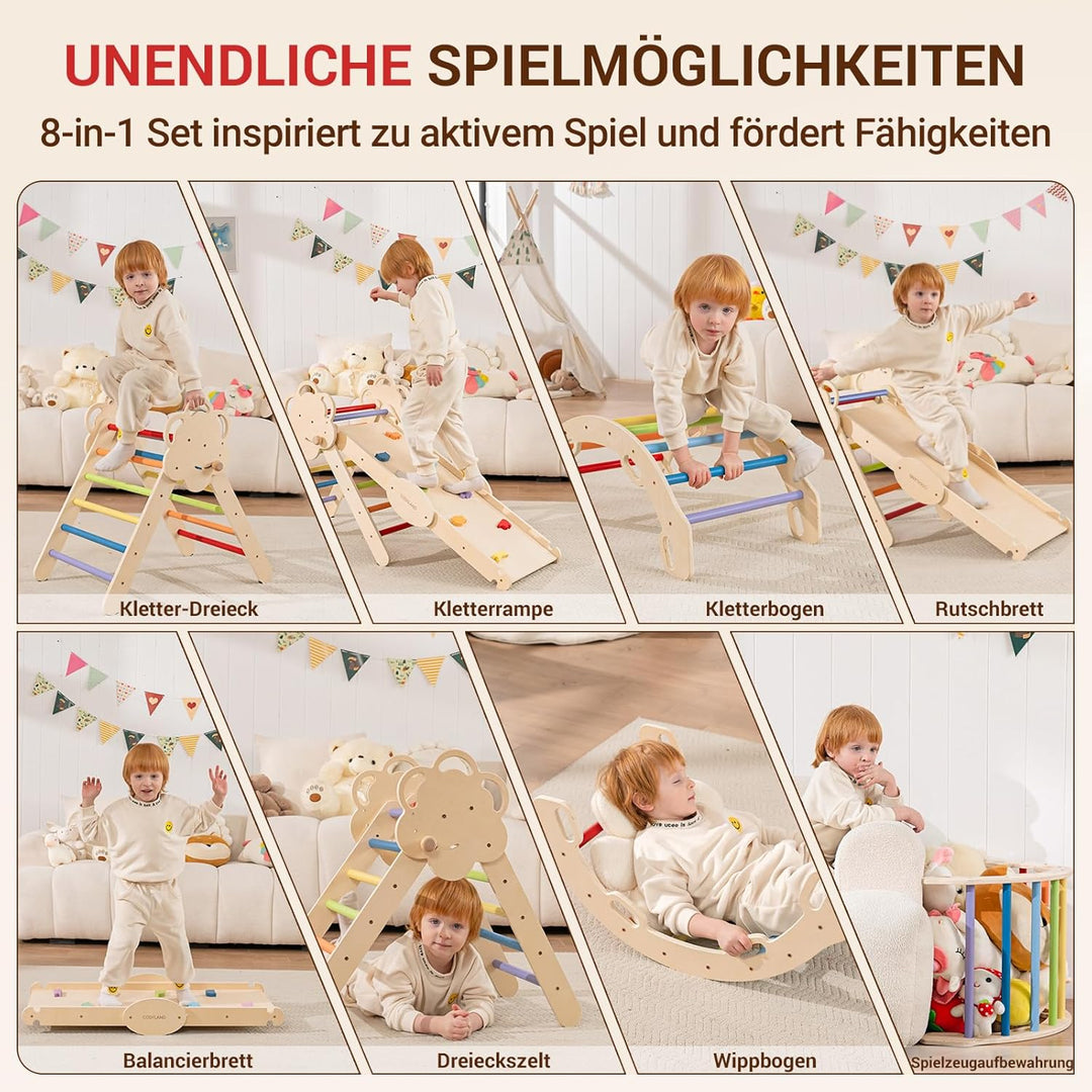COSYLAND Klettergerüst Indoor L – Grosses Kletterdreieck Set mit Kletterbogen & Rutsche – 8-in-1 Mas