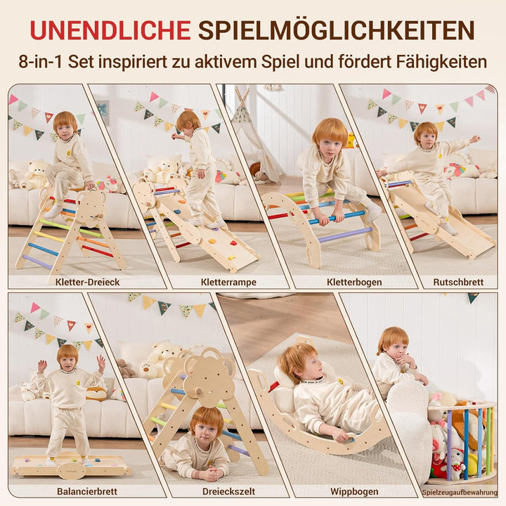 COSYLAND Klettergerüst Indoor L – Grosses Kletterdreieck Set mit Kletterbogen & Rutsche – 8-in-1 Mas